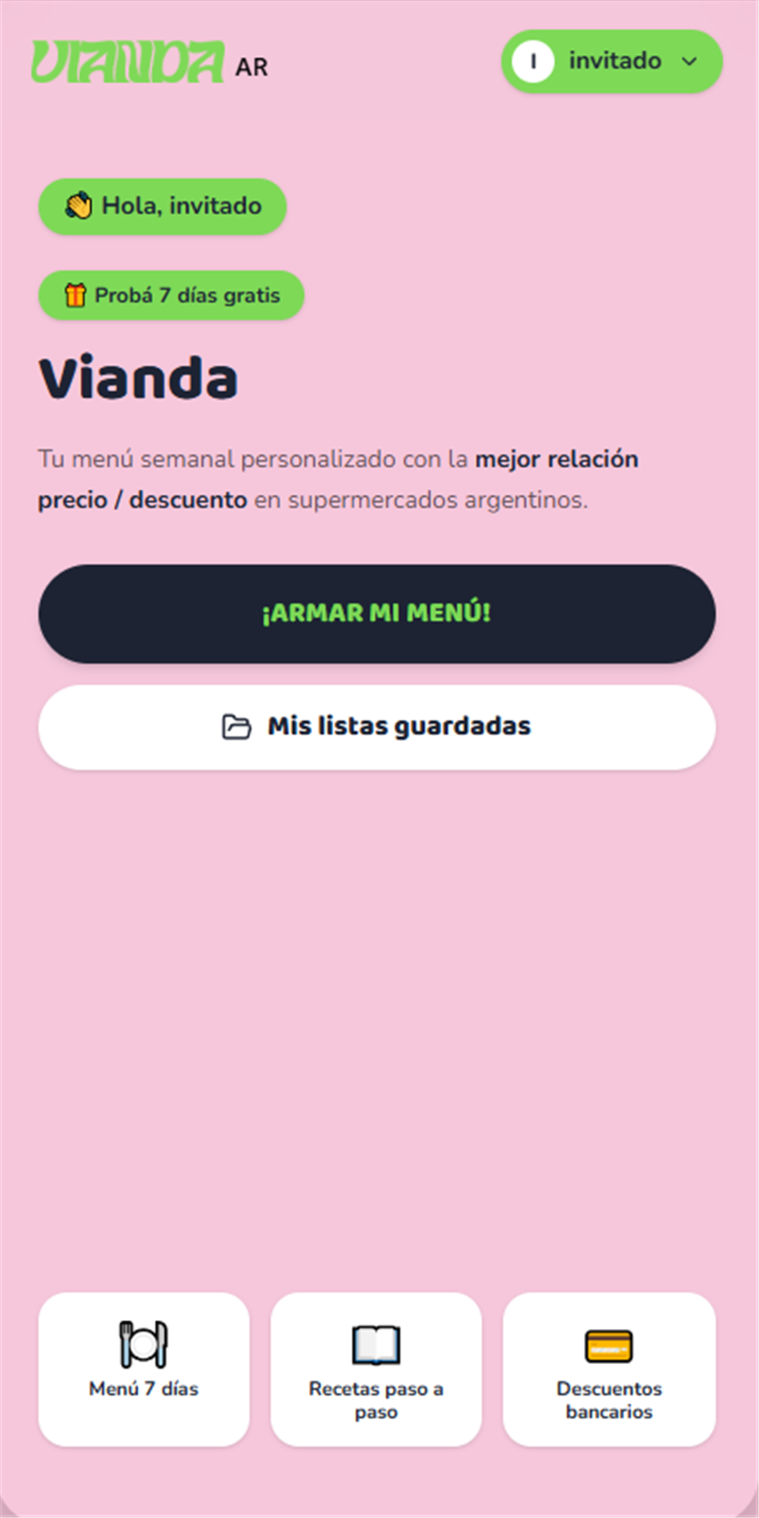 Pantalla de bienvenida de Vianda