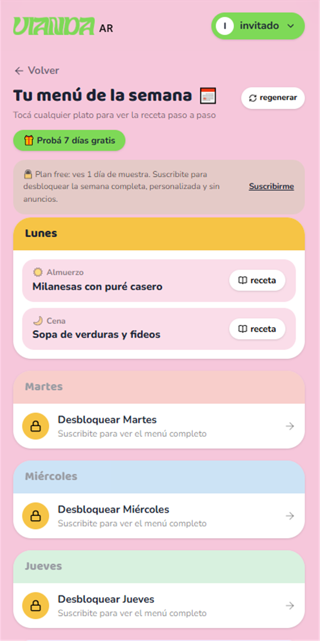 Menú semanal generado por Vianda